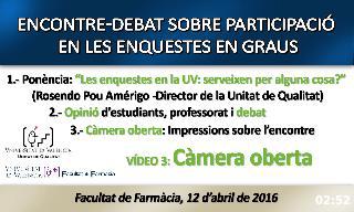 Imagen de la portada del video;Encontre-debat sobre la participació en enquestes a la Facultat de Farmàcia: Càmera oberta